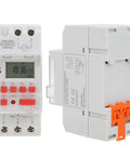 Front and side view of Programmable Digital Timer Switch 85 To 265V 30A With LCD Countdown Display, DIN rail mount.