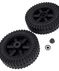 6 Inch Black Blow Molded Plastic Replacement Wheels And Axle Caps For 3 8 Inch Shafts showing a pair of sturdy wheels with caps.