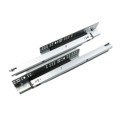 Heavy Duty Bottom Mounted Concealed Drawer Slides Professional Grade Rock Solid Durable Steel Undermount Slide Tracks Zero Drag Easy Install visible in silver metal finish.