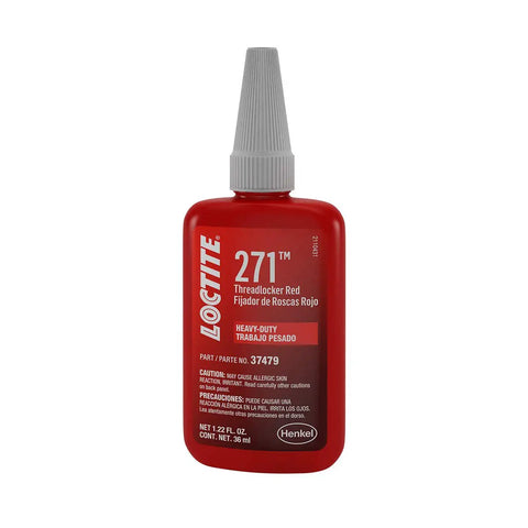 Red bottle of Loctite 271 heavy-duty threadlocker, 36 ml, for automotive use.