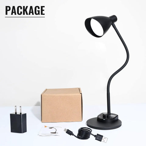 Led Desk Lamp With USB Charger And Three Color Temperature Twenty Brightness Levels Eye Caring Metal Desk Light For Office And Bedroom Ten Watt One Thousand Lumens Adapter Included package contents.
