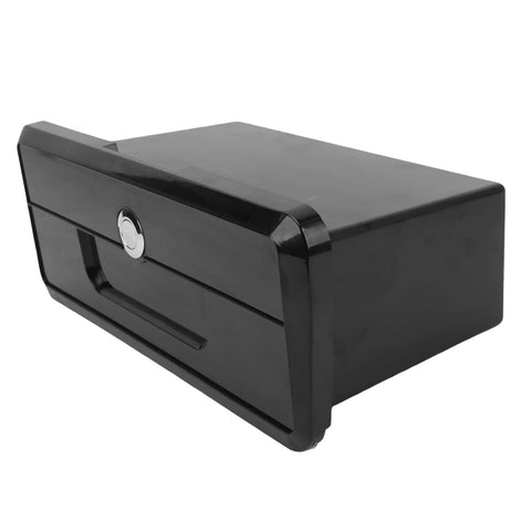 Angled front view of black plastic lockable marine glove box for boat console with cup holder design.