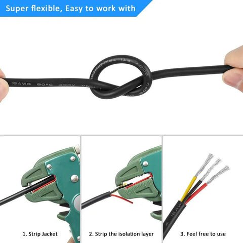 16 Gauge 3 Conductor Low Voltage Wire 65.6 Ft Black PVC Jacket 16 AWG Tinned Copper 3 Wire Cable Flexible Extension Cord