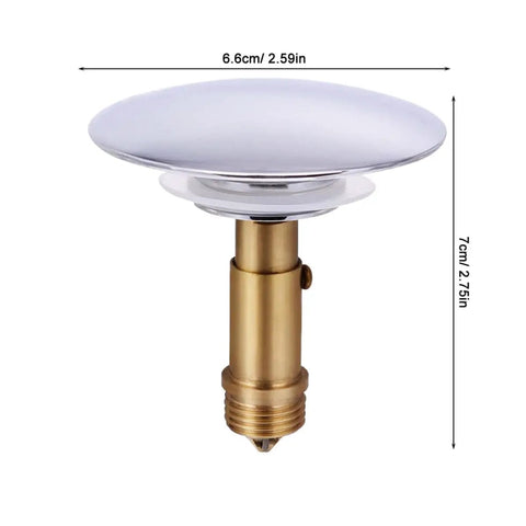 Copper Pop up Bathtub Plug with Bounce Design for Drain Hole, silver and gold, 6.6cm wide, 7cm high, suitable for bathtubs.
