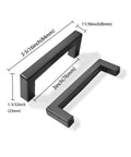 Two 30 Pack 3 Inch Center To Center Solid Matte Black Cabinet Pulls with dimensions marked, shown in side view.
