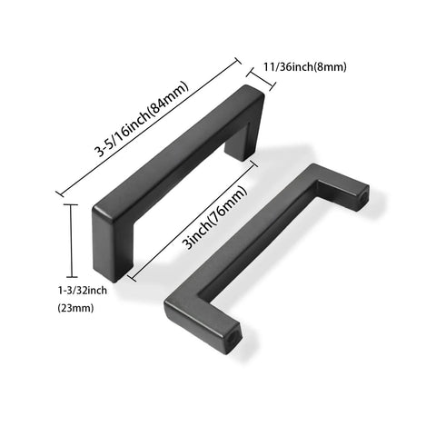 Two 30 Pack 3 Inch Center To Center Solid Matte Black Cabinet Pulls with dimensions marked, shown in side view.