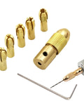 Grab These Awesome 6 Sets Of Brass Mini Drill Collets With Secure 4 Jaw Clamping For Electric Motors. Includes collets and a hex wrench.