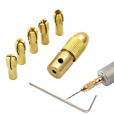 Grab These Awesome 6 Sets Of Brass Mini Drill Collets With Secure 4 Jaw Clamping For Electric Motors. Includes collets and a hex wrench.