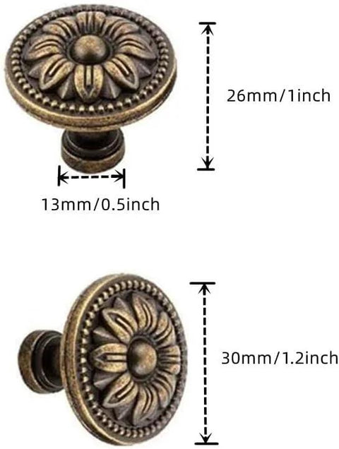 Vintage Flower Shape Cabinet Knobs Set Of 6 Bronze Tone Metal Drawer Pull Handles with detailed measurements displayed