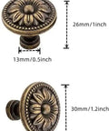 Vintage Flower Cabinet Drawer Knobs And Antique Bronze Dresser Handles Four Piece Kit, size details and floral design shown.