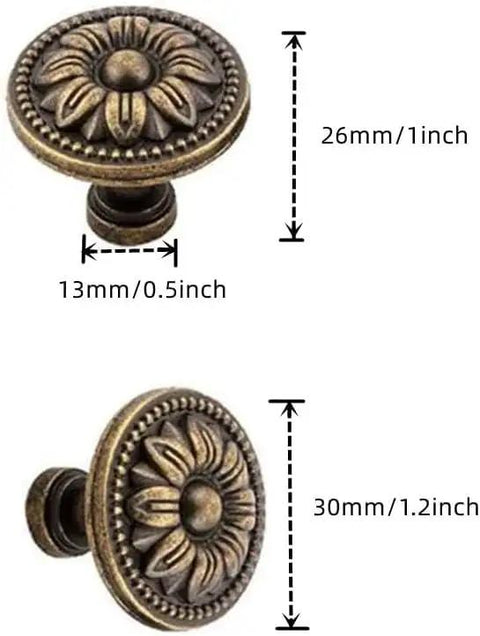 Vintage Flower Cabinet Drawer Knobs And Antique Bronze Dresser Handles Four Piece Kit, size details and floral design shown.