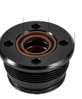 Premium Trim Cylinder End Cap Repair Kit For Penta Outboards Compatible With PreSealed 0872837 And 0768665 Replaces 3860881 Part Numbers Perfect Fix Keeps Water Out. Black metal trim cylinder end cap with brown seal, front view.