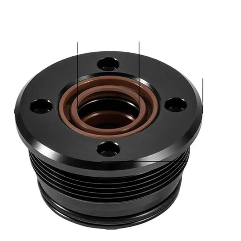 Premium Trim Cylinder End Cap Repair Kit For Penta Outboards Compatible With PreSealed 0872837 And 0768665 Replaces 3860881 Part Numbers Perfect Fix Keeps Water Out. Black metal trim cylinder end cap with brown seal, front view.