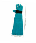 Single turquoise Pet Grooming Glove For Dogs And Cats with Long Sleeve Protective Faux Leather, dimensions shown
