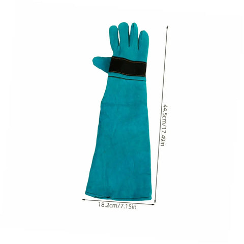 Single turquoise Pet Grooming Glove For Dogs And Cats with Long Sleeve Protective Faux Leather, dimensions shown