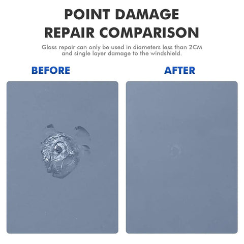 Comparison of windshield damage before and after using the Windshield Repair Kit Two Bottles Of Glass Chip And Crack Repair Liquid.