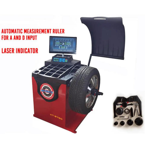 Automatic Wheel Balancer Machine For Cars Featuring Precision Tire Balancing Tool With Rock Solid Steel Frame And Fast Auto Measurement showing tire and display.