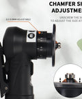 Side view of mini pneumatic chamfering machine, handheld metal beveling tool with adjustable 0.1–0.9 mm dial.