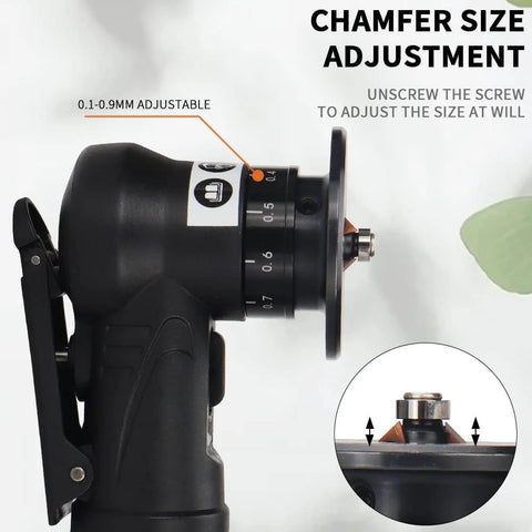 Side view of mini pneumatic chamfering machine, handheld metal beveling tool with adjustable 0.1–0.9 mm dial.