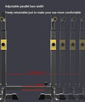 Adjustable Dip Stand And Squat Rack For Home Gym showing adjustable parallel bars width and retractable design