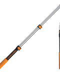 Telescoping Paint Roller Extension Pole With Universal Twist On Metal Tip, shown extended and collapsed, with orange grips