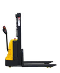 Heavy Duty Electric Forklift Pallet Lifter 1 Ton Capacity 3.5 Meter Lift Height Semi Stacker side view with yellow and black design.