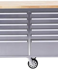 Front view of Heavy Duty 61 Inch Tool Chest Cabinet With Mobile Garage Workbench, 24 Drawers And Power Strip, Rubber Wood Top, 1675 Lb Capacity