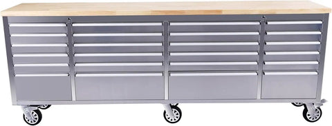 Front view of Heavy Duty 61 Inch Tool Chest Cabinet With Mobile Garage Workbench, 24 Drawers And Power Strip, Rubber Wood Top, 1675 Lb Capacity