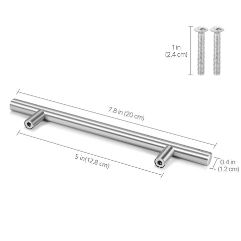 Stainless Steel T Bar Cabinet Handles With Satin Brushed Nickel Finish, 8 Inch And 5 Inch Center To Center Drawer Pulls, product dimensions