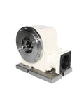 Heavy Duty Cnc Fourth Axis Dividing Head With A 15 To 1 Speed Reducer And 130 Mm Four Jaw Chuck, detailed metalworking tool, white and silver finish.