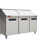 72 Inch Commercial Refrigerator Top Shelf Cold Prep Table for Sandwiches and Salads Fits Thirty Half Size Pans Shop Grade Stainless Steel Workstation on wheels.