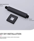 Matte black stainless steel square shower arm with flange and threads labeled, showcasing DIY installation
