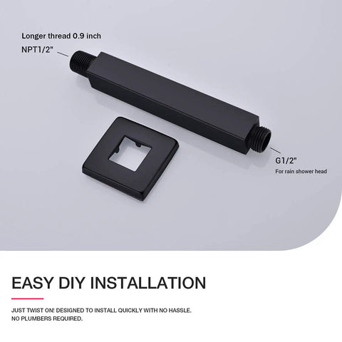 Matte black stainless steel square shower arm with flange and threads labeled, showcasing DIY installation
