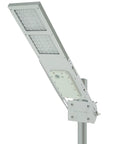 Solar Street Light With Motion Sensor Three Mode Outdoor Lighting mounted on pole, cool white LED, angled view