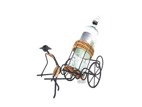 Handmade Asian Style Rickshaw Puller Wine Bottle Holder With Natural Rattan Accents, 13.78 x 6.3 inches for home bar.
