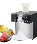 Commercial Electric Ice Shaver Machine With Adjustable Thickness For Snow Cones Slushies Smoothies Milk Tea And Bar Cocktails Stainless Steel Durable And Easy To Clean, shown with shaved ice output