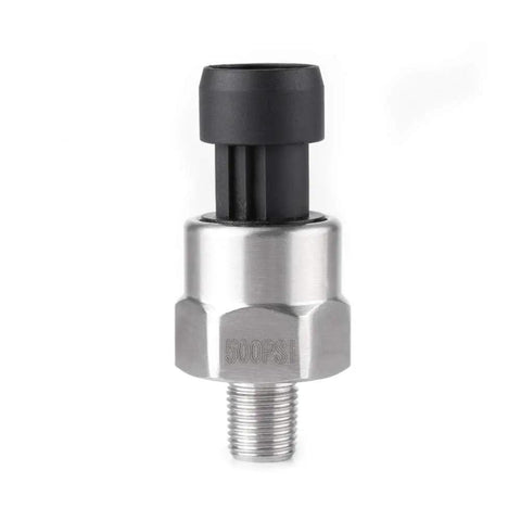 Stainless Steel Pressure Transducer For Oil Fuel Air And Water Up To 500 Psi With Beefed Up Pro Grade Build And Ultra Accurate Two Percent Full Scale Output Lightweight Compact Sensor For Automotive And Industrial Use, front view.