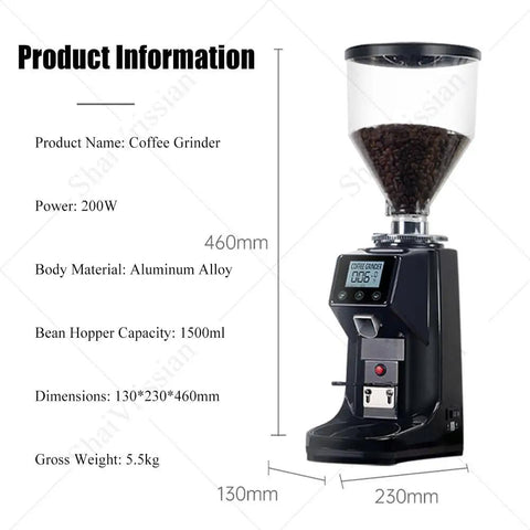 Kick Your Daily Brew Game Up With This Precision Flat Burr Coffee Grinder Featuring LCD Interface And 19 Grind Settings For Barista Quality Extracts In Espresso Drip French Press Or Cold Brew, aluminum alloy body, 200W, 1500ml hopper.