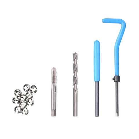 Components from the All-In-One 131-Piece SAE Thread Repair Kit with HSS Drill Helicoil Inserts for 1/4, 5/16, 3/8, 7/16 and 1/2 inch threads.