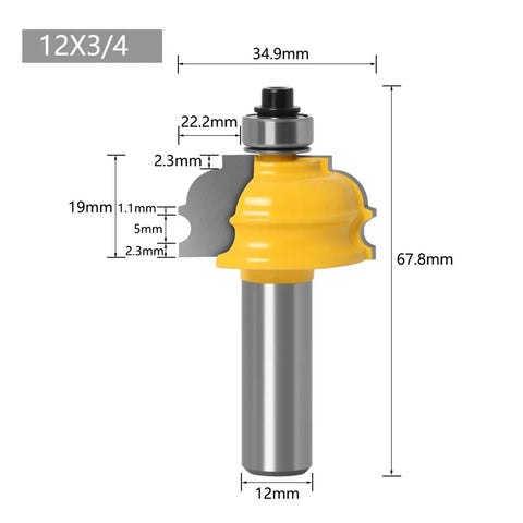 12mm Or 1/2in Shank Architectural Molding Router Bit For Pro Woodworking Carving Decorative Trims And Complex Profile Shaping Your Home Projects, close-up view with dimensions shown