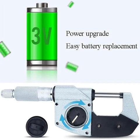 Digital Outside Micrometer With 0.001mm Accuracy showing battery replacement and 3V power upgrade