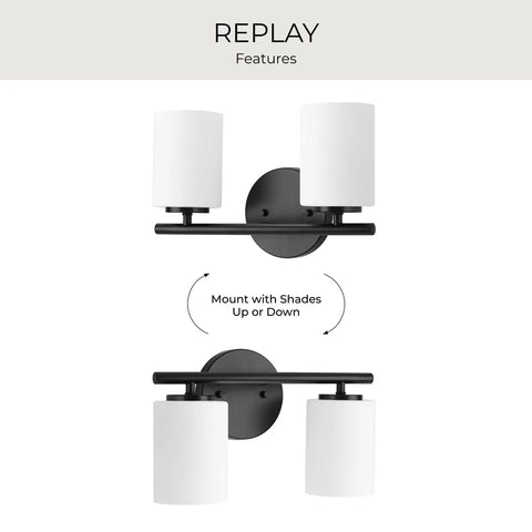 Two-Light Vanity Light In Slick Textured Black With Etched White Glass Shades For Over The Mirror Modern Bathroom Fixture, reversible mounting shown.
