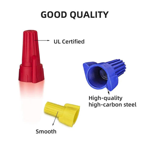 Close-up of multi-colored wirenuts showcasing high-quality construction, labeled as UL Certified, from Yellow Winged Wire Twist Nuts Set 500 Pcs Assorted Wirenuts For 22 10 AWG Cable Easy Grip Non Slip Winglets Stainless Spring Caps Quick Terminal Connectors For DIY Electrical Projects.