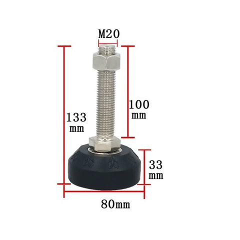 Heavy Duty Furniture Leveling Feet Set Of 8 Adjustable Steel Levelers with M20 thread, 100mm tall and 80mm wide base.