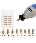 10 Piece Brass Collet Set For Dremel Rotary Tools Fits 0.5mm To 3.2mm Bits And 1/8 Inch Shank with rotary tool, packaging shown