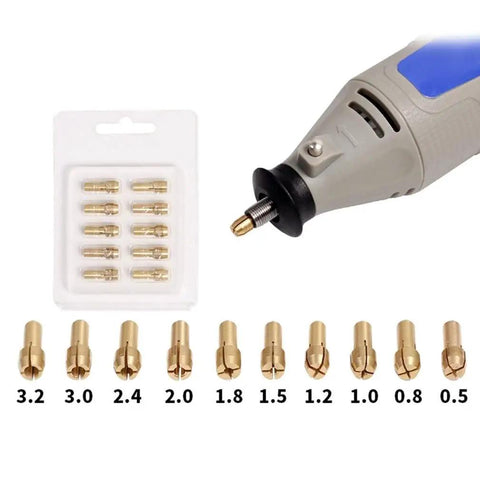 10 Piece Brass Collet Set For Dremel Rotary Tools Fits 0.5mm To 3.2mm Bits And 1/8 Inch Shank with rotary tool, packaging shown