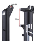 Close-up of Snow Beach Fat Bike Front Suspension Fork showing 135mm spacing and alloy build for rugged snow and sand rides.