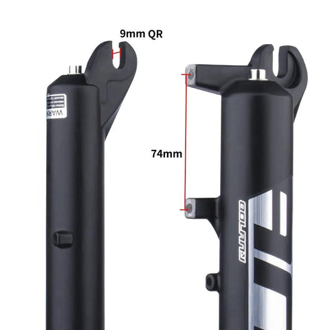 Close-up of Snow Beach Fat Bike Front Suspension Fork showing 135mm spacing and alloy build for rugged snow and sand rides.