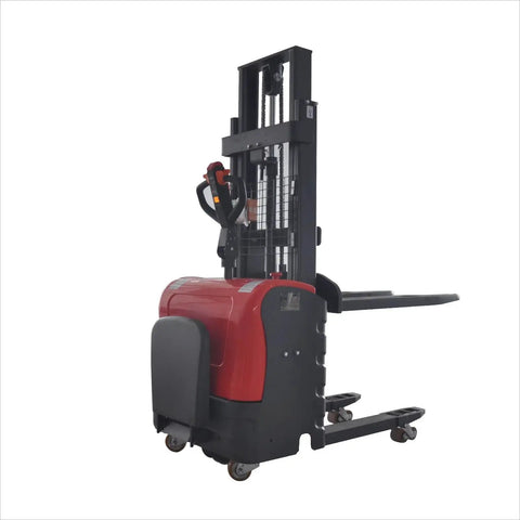 Heavy Duty Electric Pallet Stacker Forklift powered warehouse lift truck displaying compact design for material handling.