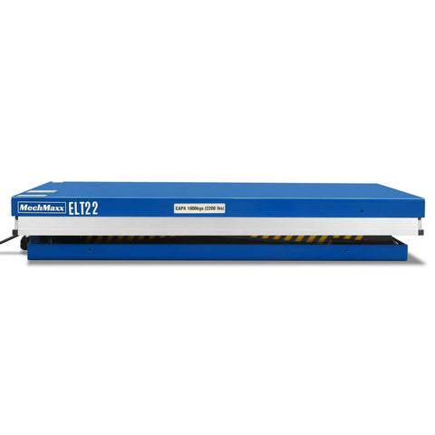 Heavy Duty Wireless Remote Control Electric Hydraulic Lift Table With 2200 Lb Capacity And Massive Platform seen from side.